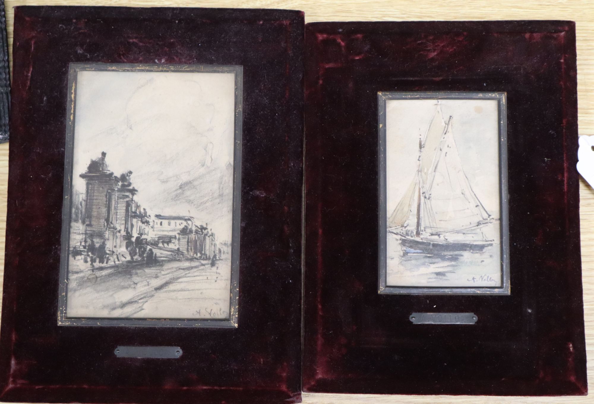 Antoine Vollon (1833-1900), study of a French street scene and another of a sailing boat, 15 x 9.75cm & 11.5 x 7cm